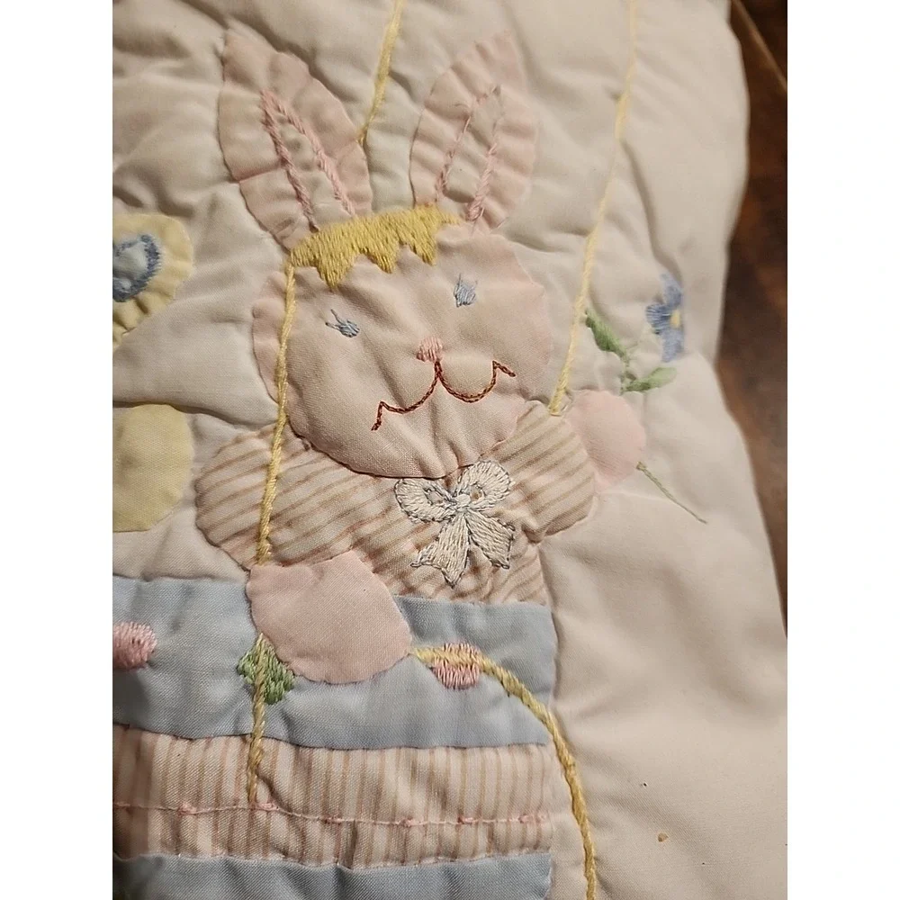 Vintage Quilted Bunny Bear Baby Blanket Pillow Hot Air Balloon Pastels Carousel